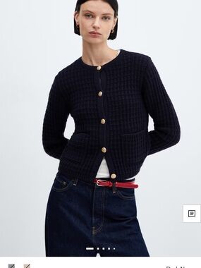 Mango Navy Waffle-Knit Button Cardigan with Gold Buttons